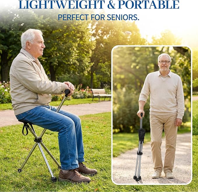 Cane with Seat Foldable Lightweight, Walking Cane with seat, Adjustable Walking Stick for Seniors & Elderly, with Padded Seat and Non-Slip Base for Outdoor Walking, Hiking, and Travel Assistance