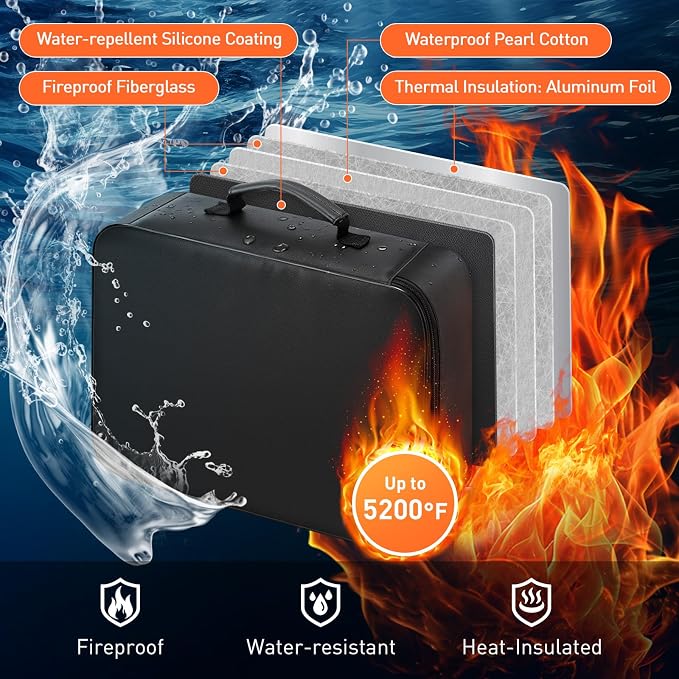 Mondoshop 5200°F Fireproof Document Bag with Lock for Home, Office & Travel | Waterproof Protection, Secure Combination Lock, Multi-Layer Organizer, Large 4-Inch Capacity, Lightweight Portable Design