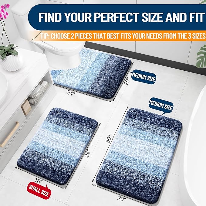 OLANLY Bathroom Rug Set 2 Piece, Soft Absorbent Microfiber Bath Mats and U-Shaped Contour Toilet Rug, Non-Slip, Machine Wash Dry, Plush Shaggy Bath Mats for Bathroom (24"x16"+U24 x20, Navy)