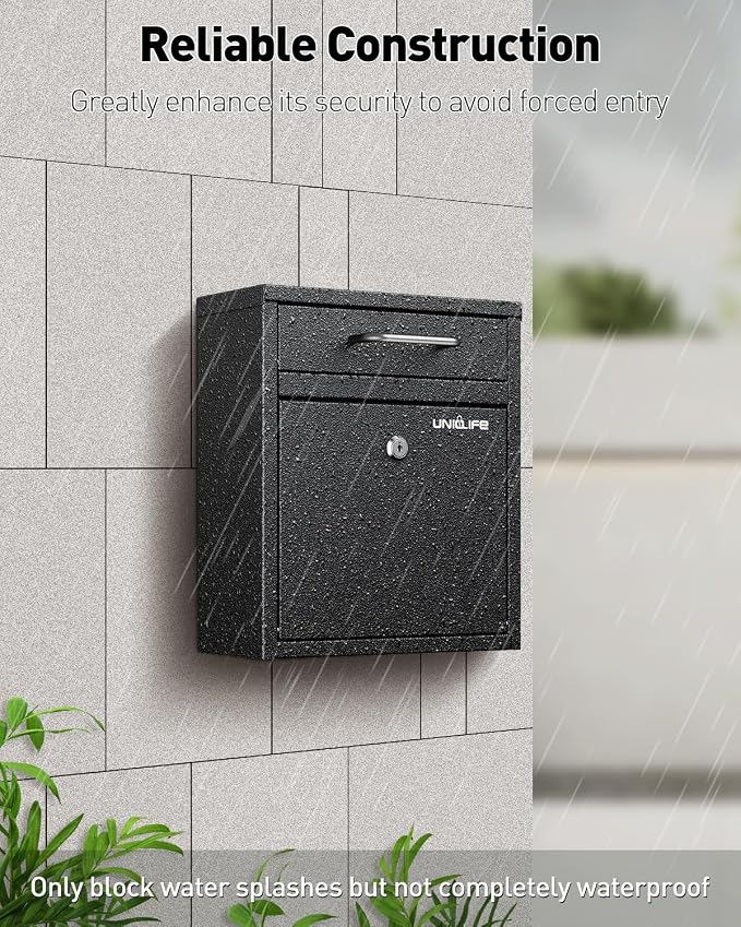 Uniclife Wall Mount Mailbox for Outside, Black Locking Mailbox | Anti-Theft Function, Heavy Duty, Small Mailbox with Key Lock, Safe Key Drop Box, Steel Cash Drop Box for Home Office, Black