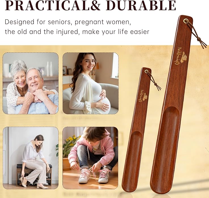 Wooden Shoe Horn Set, 15'' Long Handle for Seniors & Adults, 10.25'' Short Shoe Spoon for Kids, 2-Pack Boot Horn