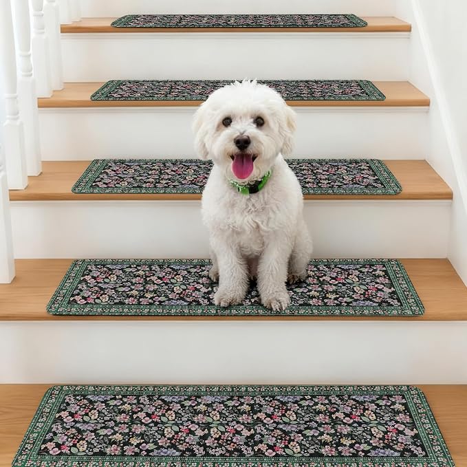 Vintage Floral Stair Treads Non Slip Carpet Stair Treads for Wooden Steps Indoor 15PCS 30"x8" Stair Runner Stair Mats Safety Staircase Step Treads for Elders Kids Dogs Dark Green
