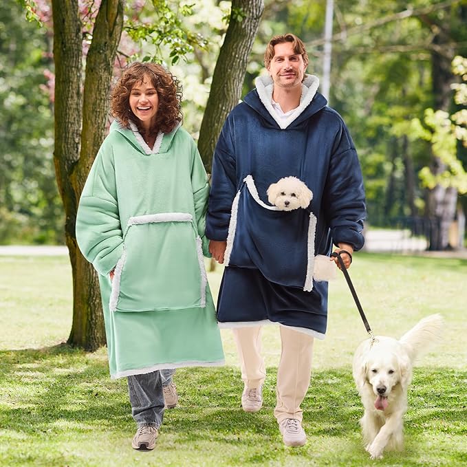 JOYWOO Green Wearable Blanket Hoodie,Oversized Cat Lovers Sweatshirt Blanket for Adult & Teens, Birthday Gifts for Women Men Mom Girl Boys,Cozy Sherpa Fuzzy Blanket Giant Pocket Gifts,Sage green Small