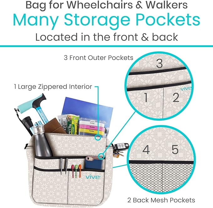 Vive Wheelchair Bag - Machine Washable, Double-Stitched, Water-Resistant Accessory Backpack for Rollators, Wheel Chairs, Walkers - Pouch with XL Pockets & Straps for Quick Installation
