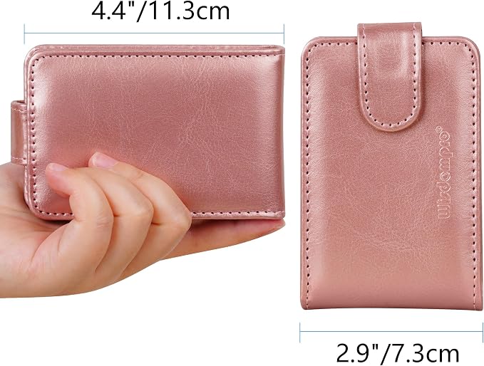 Wisdompro Credit Card Holder, RFID Blocking Wallet Debit Card Protector | Slim Leather Credit Card Organizer Case, Card Case with Magnetic Shut, 20 Card & 7 Memory Card Slots - Horizontal Rose Gold