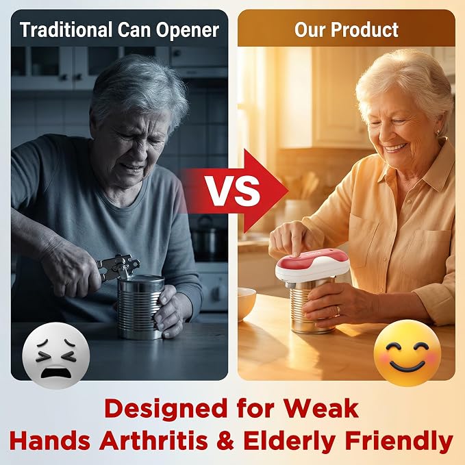 CACOE Automatic Smart Electric Can Opener with Auto Stop & USB-C Charging | Cordless Can Opener for Elderly and Arthritic Users for Seniors & Arthritis, Effortless One-Touch Open (red)