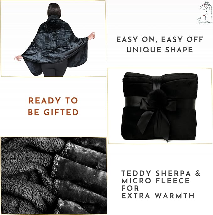 Premium Double Layer Wearable Blanket for Women -Drape and Go No Sleeves- Shawl with Pockets- Wrap Blanket- Gifts for Her Mom Grandma (Velvet Anthracite Black)