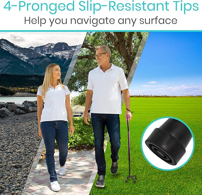 Vive Quad Cane - Walking Stick for Men and Women - Lightweight Adjustable Staff - Comfortable Right and Left Hand Grip for Stability Support - Four Prong Sturdy Aluminum Travel Aid - 4 Tip