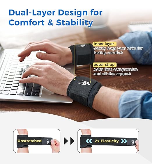 HiRui 2 Pack Wrist Compression Straps – Dual‑Layer Wrist Brace for Pain Relief & Support, Tendonitis, Carpal Tunnel, Arthritis – Adjustable Wrist Wraps for Fitness, Workouts & Everyday Use (Black)