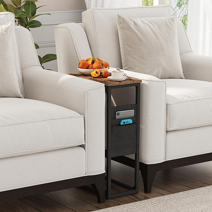 TUTOTAK C Shaped End Table, Side Table for Couch, Sofa Table | with Storage Bag, Set of 2, TV Tray for Living Room, Bedroom, Brown TB01BB0822