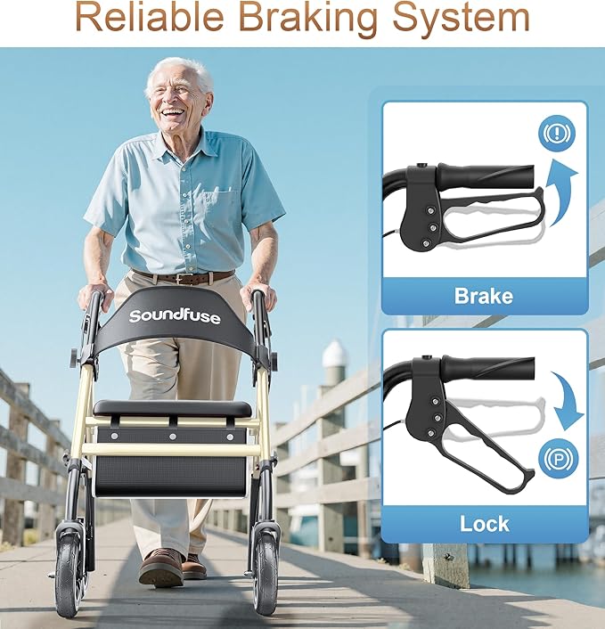 Rollator Walkers for Seniors with Seat, Foldable Lightweight Rolling Walker with 8" Big PU Wheels, Ergonomic Seat, Dual Height Adjustment