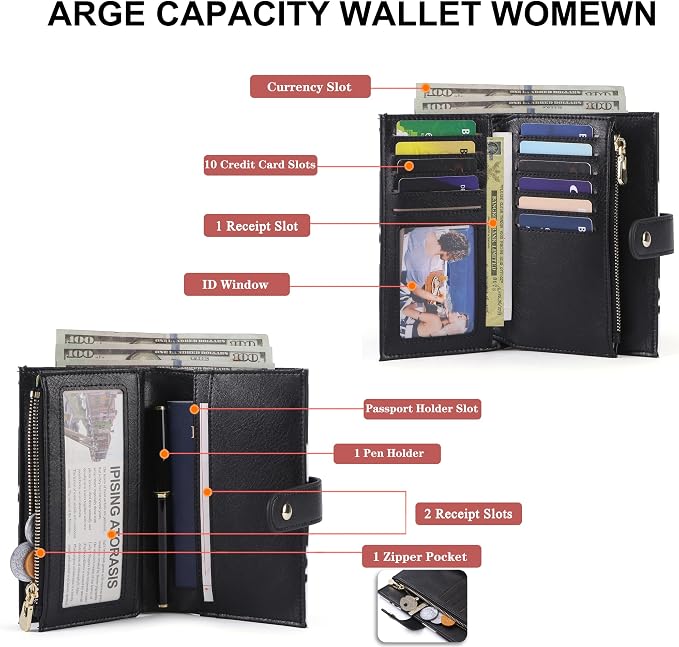 yiijay Wallet Women RFID Blocking Multi Cards Wallet Credit Card Holder for Women Large Capacity Lady Leather Trifold Travel Wallet with Pen Holder