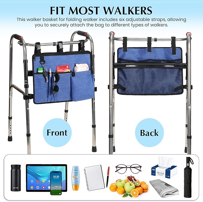 Walker Accessories Walker Pouch for Folding Walker with Cup Holder Pockets for Seniors Walker Bags Organizer Storage Carry Things