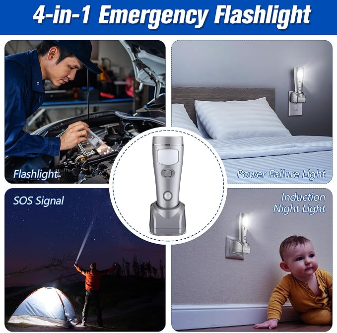 Enhon 2 Pack 4 in 1 LED Emergency Lights for Home Power Failure, Rechargeable Plug in Flashlight Motion Sensor Night Light, Automatic Turn On Power Outage Light for Home Hurricane Supplies (Silver)