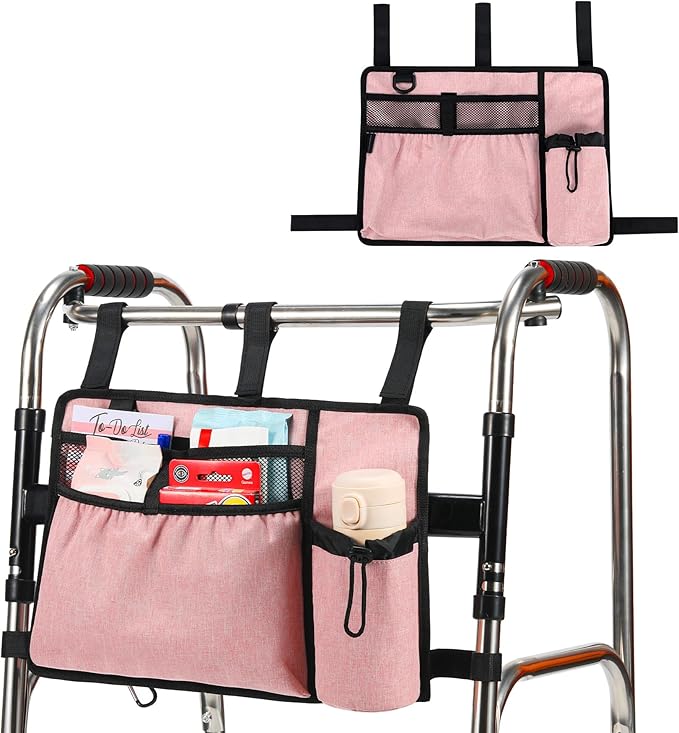 Walker Bags for Folding Walker Accessories Seniors Pouch Cup Holder Carry Organizer Storage Drive with Pockets Velcor Detachable -Pink
