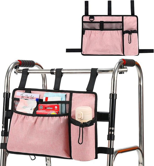 Walker Bags for Folding Walker Accessories Seniors Pouch Cup Holder Carry Organizer Storage Drive with Pockets Velcor Detachable -Pink