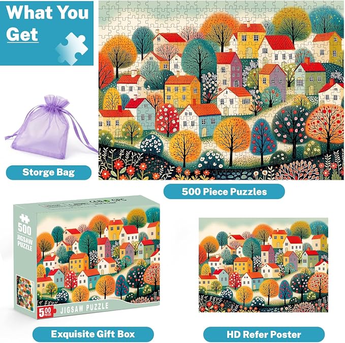 500 Piece Jigsaw Puzzle for Adults & Seniors, Colorful Folk Art Village with Charming Houses & Flowers, Brain Teaser Puzzle Game, Home Decor, Birthday Gift