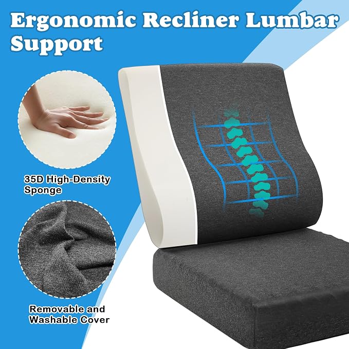 2-in-1 Recliner Cushions for Elderly Egg Crate Foam Seat Cushion and Ergonomic Back Support Pillow Non-Slip Recliner Cushions for Long Sitting Reduces Muscle Fatigue, Gray