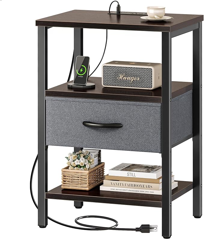 SUPERJARE Nightstand with Charging Station, USB-C Port, Bedside Table | Night Stand for Bedroom, with Adjustable Fabric Drawer, 3-Tier Storage End Table, for Living Room, Walnut