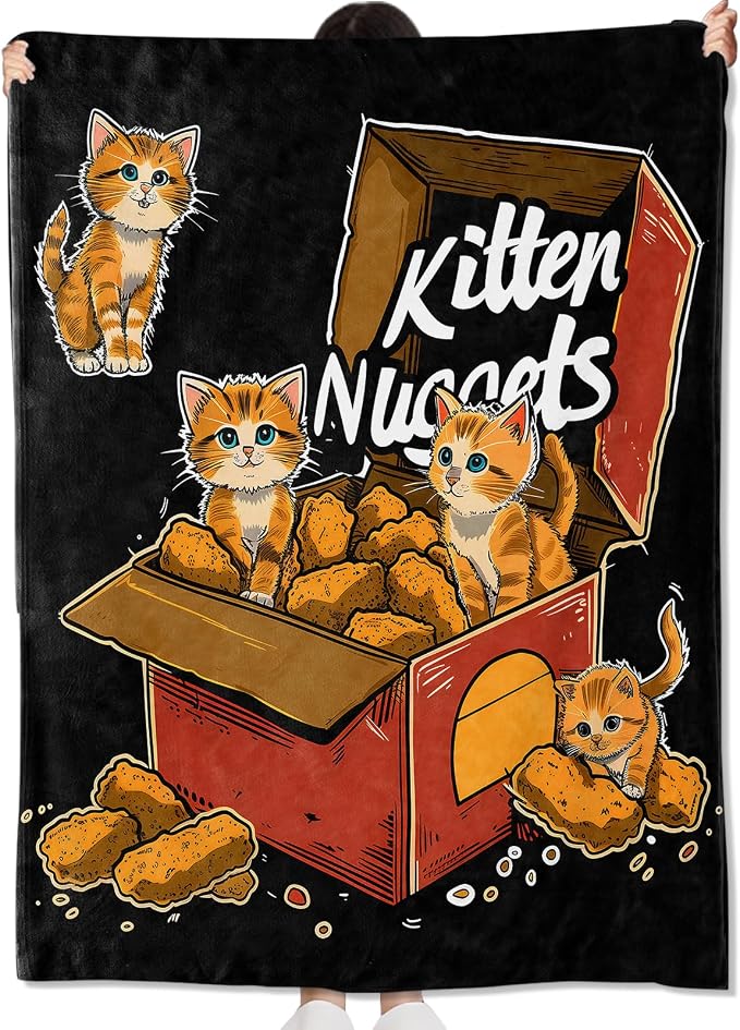 Chicken Nugget and Kitten Blanket Gifts for Kids Girls Boys,Cute and Humorous Food Throw Blankets,Soft Comfy Lightweight for Room Couch Bed Modern Adorable Decor,Feline Lover 60x50in