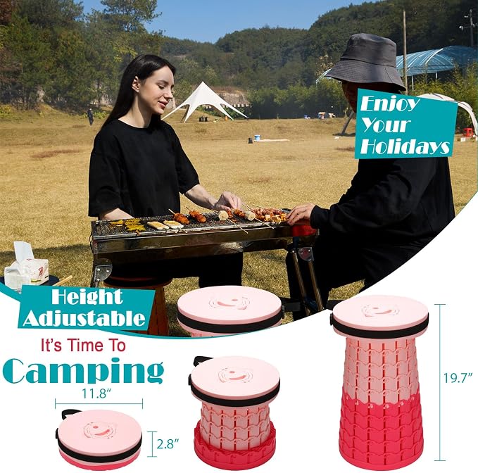 Collapsible Stool with Cushion,1000 lbs Capacity,19.7-in Adjustable Height | Wider & Taller Heavy Duty Portable Telescoping Folding Seat Chair for Adults Camping,Fishing,Travel,Queue Wait,Stadium View