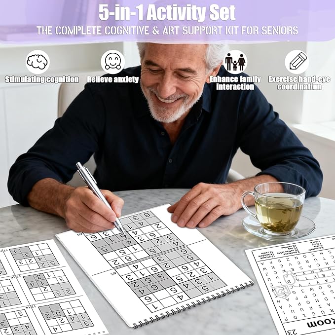 Vashly Large Print 300+ Memory Activities for Seniors: 5-in-1 Set Brain Exercise Books with Sudoku, Crossword, Word Hunt, Dot to Dot, A4 Thick Paper Spiral Bound, Gift for Elderly Adults