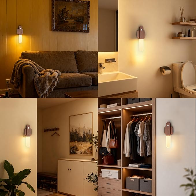 Battery Operated Motion Sensor Wall Sconces Set of 3, Motion Sensor Wall Light Wireless, Magnet Rechargeable LED Lights, Stairs Lights, Decor for Bedroom, Hallway, Living Room, Closet (Walnut Wood)