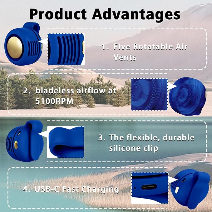 Portable Clip-On Fan, Mini USB Rechargeable 360° Rotatable Fan, Personal Fan 3-Speed Silent Mini Bladeless Fans (1 pack（Dark blue)