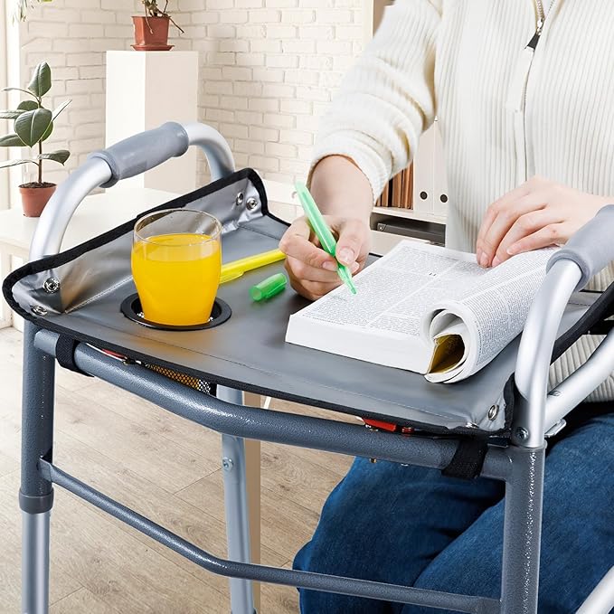BAGSFY Walker Tray for Folding Walkers with Cup Holder – Hard Tray Table for Seniors,Easy Install, Universal Fit Walker Accessory for Meals, Drinks, Reading, Laptop