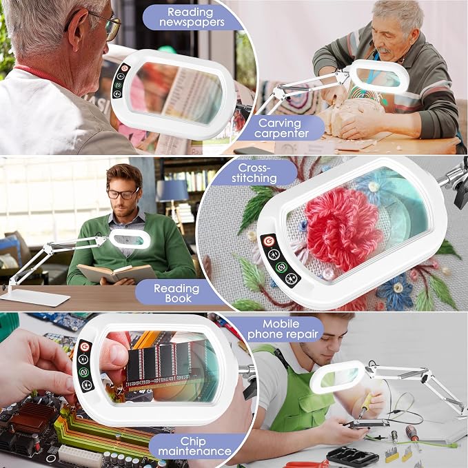 Drdefi 12X Square Magnifying Glass with Light and Stand, Real Glass LED Lighted Magnifier, 5 Color Modes Stepless Dimmable, Hands-Free Mag Desk Lamp with Clamp for Reading Craft Hobby Close Work White