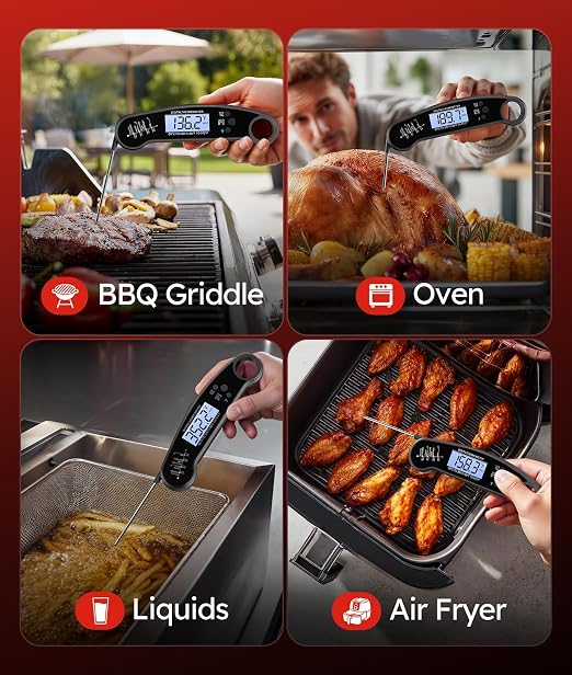 Instant Read Meat Thermometer Digital, 1-2 Sec, Cooking, Food, BBQ | Fast Response, Waterproof, Backlit Display for Grilling, Air Fryer, Smoker, Kitchen Gadgets, Gift for Dad Men, Black
