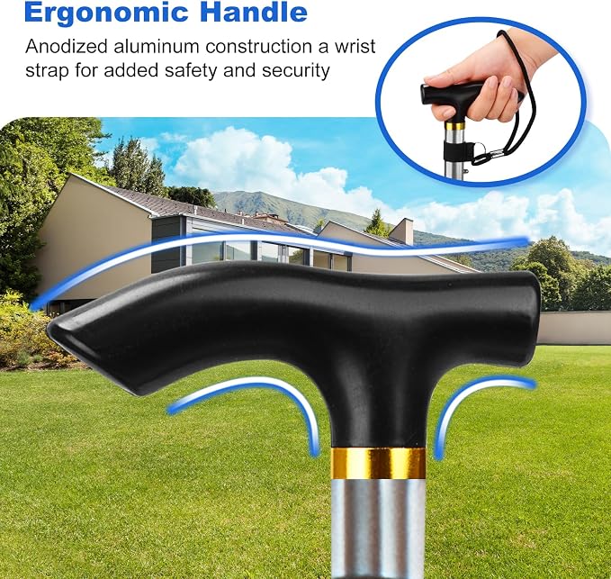 MFE Folding Cane, Portable 5-Level Adjustable Height Walking Stick with Foldable Design, Wrist Strap, and T Handle for Men and Women