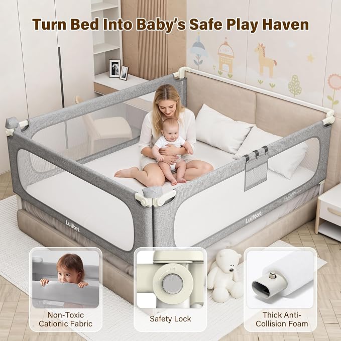 King Size Bed Rails for Toddlers: 3-Piece with Corner Cushion | Stable, Tool-Free Install, Fold-Down & Dual Safety Lock, Side Pocket, Adjustable for 2-13" Mattress, for Baby Co-Sleeping