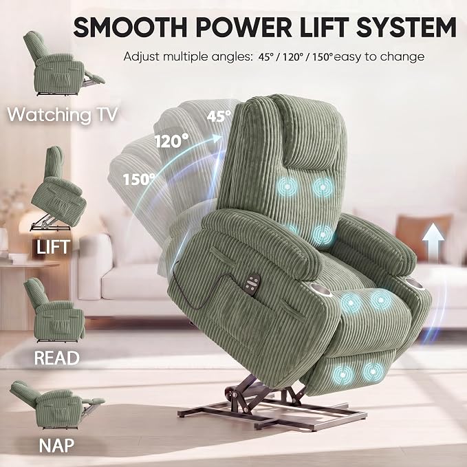 Flamaker Power Lift Chair Massage Recliner Chairs for Elderly | Ergonomic Lift Recliner Design with Cup Holders & Side Pockets, Remote Control (Corduroy, Green)