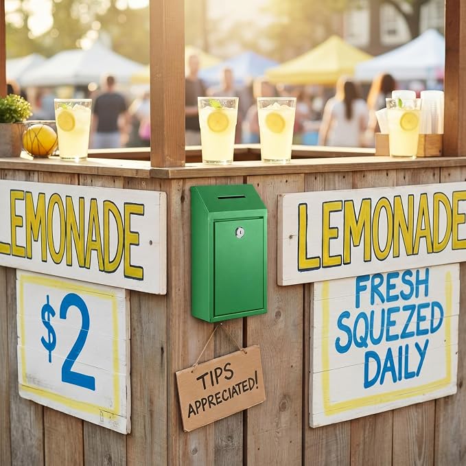 Yaocom Metal Money Box,Green,10.24 x 5.71 x 2.95 Inch,No Lid | Wall Mounted Drop Donation Cash Box for Farm Stand Collection Safe Suggestion Box with Lock Container for Home Office Outdoor
