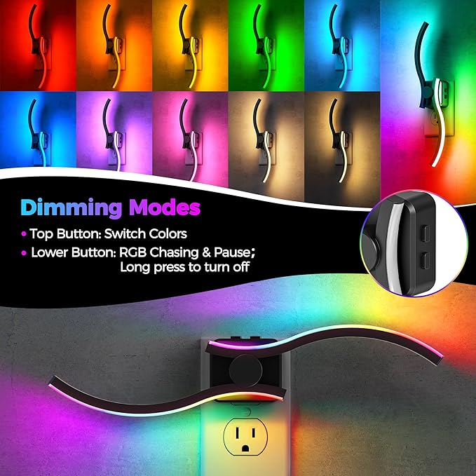 Briignite Night Lights Plug into Wall, 3000K+8 Color Changing Dimmable LED Night Light 1W 180° Rotating Wall Sconce Dusk to Dawn Sensor Plug in Nightlight for Bathroom Bedroom Hallway Kitchen