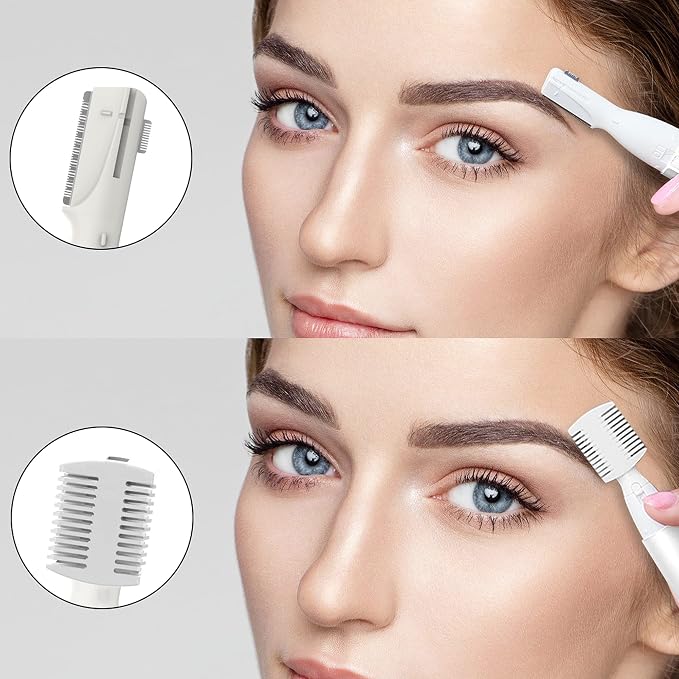 PRITECH Electric Eyebrow Trimmer - Facial Hair Remover Precision Razor | Painless Shaver with Comb & 2 Replaceable Blades - Battery Powered, Portable for Eyebrows Face Chin Neck Upper Lip Peach Fuzz