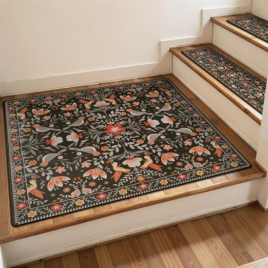 OJIA Floral Stair Treads for Wooden Steps 31"x31" Stair Runner Landing Mat | Indoor Stair Treads Non-Slip Stair Runner Stair Mats Staircase Step Treads for Kids, Elders and Dogs, Stair Covers, Black
