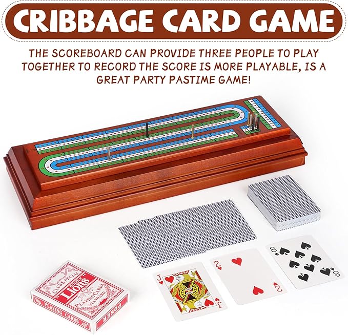 Wooden Cribbage Board Game Set with Cards and Metal Pegs, 3 Track Cribbage Board with Storage Drawer, Portable Travel Cribbage Set for Adults, Families, Seniors, Camping & Game Night