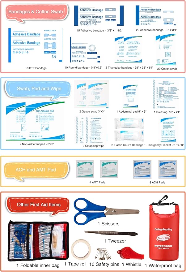 WELL-STRONG Emergency First Aid Kit for Boating & Marine Safety Waterproof Medical Supplies with Roll Top Design for Fishing, Kayaking Red