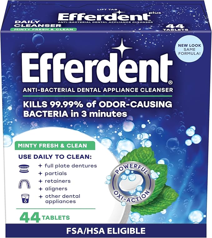 Efferdent Denture Cleaner Tablets – Dental Appliances, Aligners, Mouth Guard, and Retainer Cleaner Tablets, Minty Fresh & Clean, 44 Count