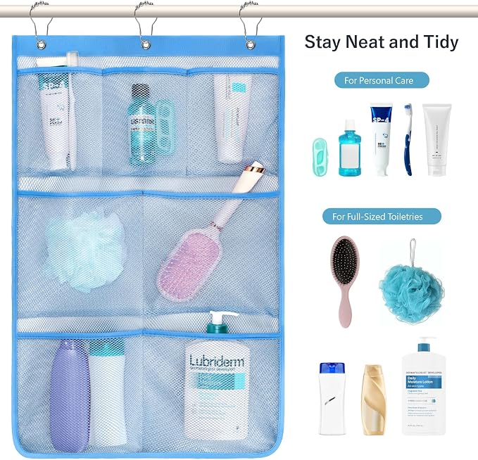 F-color 7-Pocket Mesh Shower Caddy - Hanging Shower Organizer for Cruise | Quick-Dry & See-Through Mesh for Toiletries, Fits Shower Rod Rings or Sticky Hooks for Bathroom & RV, Cruise Essentials 2026