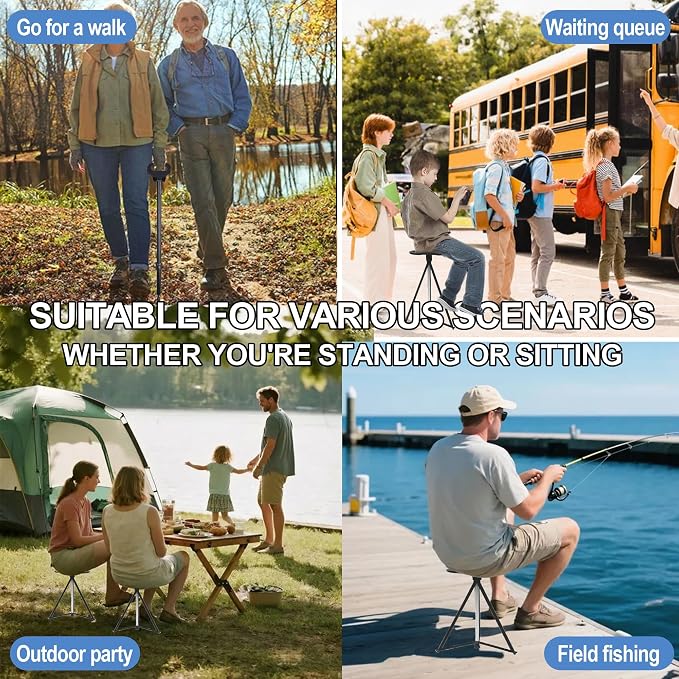 Walking Cane with Seat for Men & Women, Lightweight Anti-Slip Walking Stick with Carry Bag, Portable Stool for Senior & Adults, Foldable Cane Chair for Travel Hiking