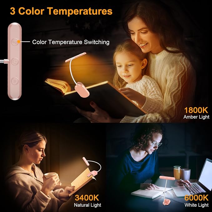 Gritin Rechargeable Book Light for Reading in Bed with 19 LED | Eye Caring 3 Color Temps, 5 Brightness Levels, Memory Function, 90 Hrs Runtime Flexible Goose Neck Clip on Light-Pink