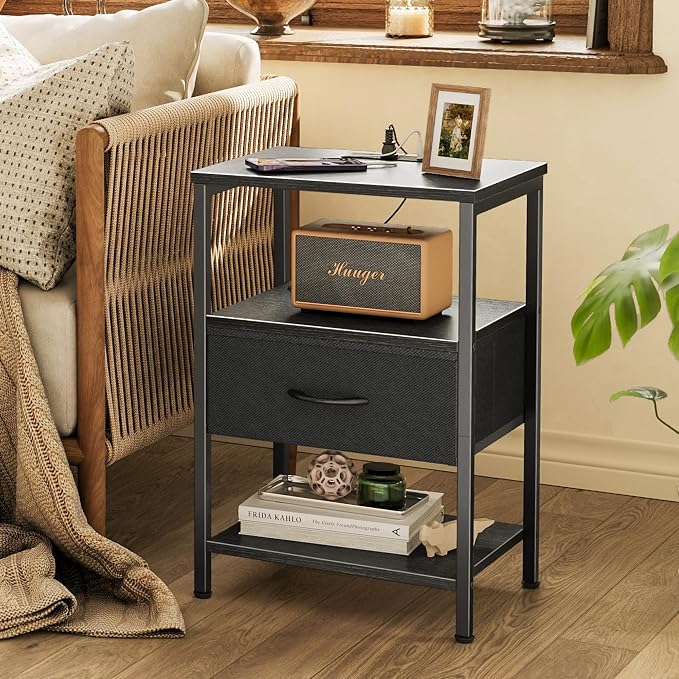 SUPERJARE Nightstand with Charging Station, Bed Side Table with Adjustable Fabric Drawer, Night Stand for Bedroom, 3-Tier Storage End Table, for Living Room, Black | Night Stand for Bedroom, with Adjustable Fabric Drawer, 3-Tier Storage End Table, for ...