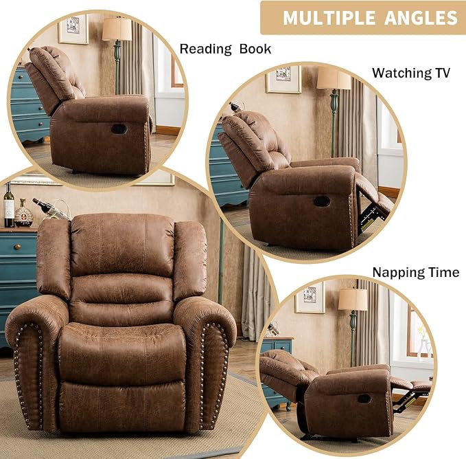 Leather Recliner Chair Set of 2, Classic and Traditional Manual Recliner Chair with Comfortable Arms and Back,Manual Single Recliner Sofa for Living Room, Nut Brown