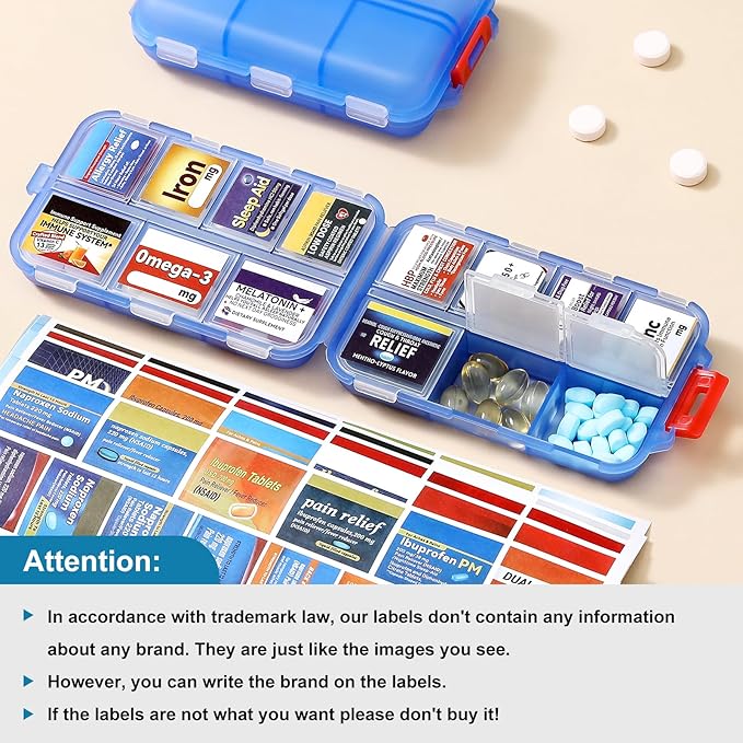 3 Pack 14 Grids Travel Pill Organizer Box with 415-Pcs Medicine Name Labels - Pocket Daily Pharmacy Case Container Kit - Travel Medication Holder Dispenser for Fish Oil Vitamin Supplement - Clear