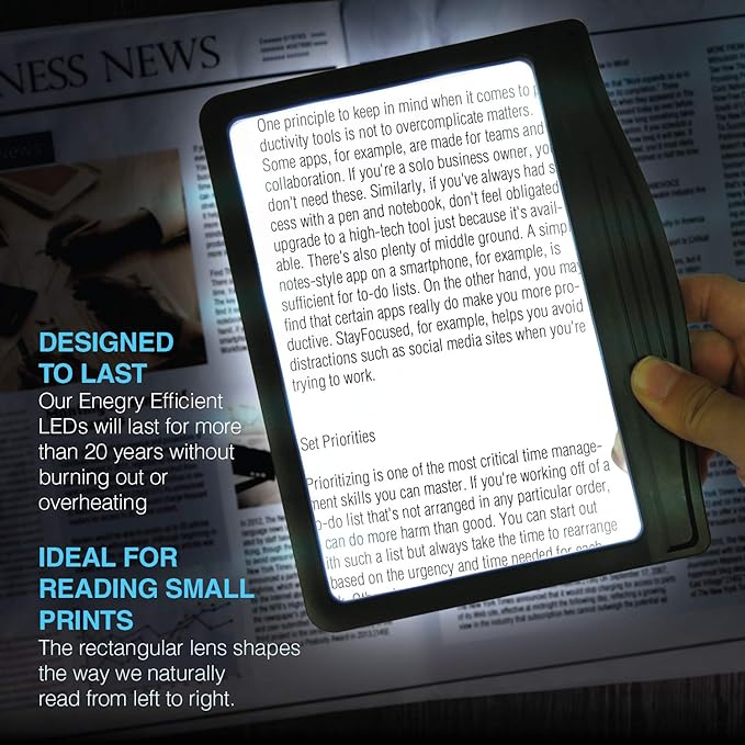 MagniPros 5X Rechargeable Large Ultra Bright LED Page Magnifier with Anti-Glare Lens & 3 Color Dimmable Light Modes, Relieve Eye Strain- Ideal for Reading Small Prints, Low Vision, Seniors