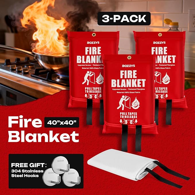 Fire Blanket 3-Pack | Fiberglass Prepared Fire Suppression | 40"x40" Fire Blankets Emergency for Home and Kitchen