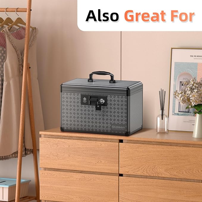 Glosen Medicine Lock Box Storage Lock Box 【Black-Medium12 X 7.68 X 7.87 Inch】 Lockable Dorm Storage Trunk with Key Lock - Briefcase, Lock Boxes for Personal Items